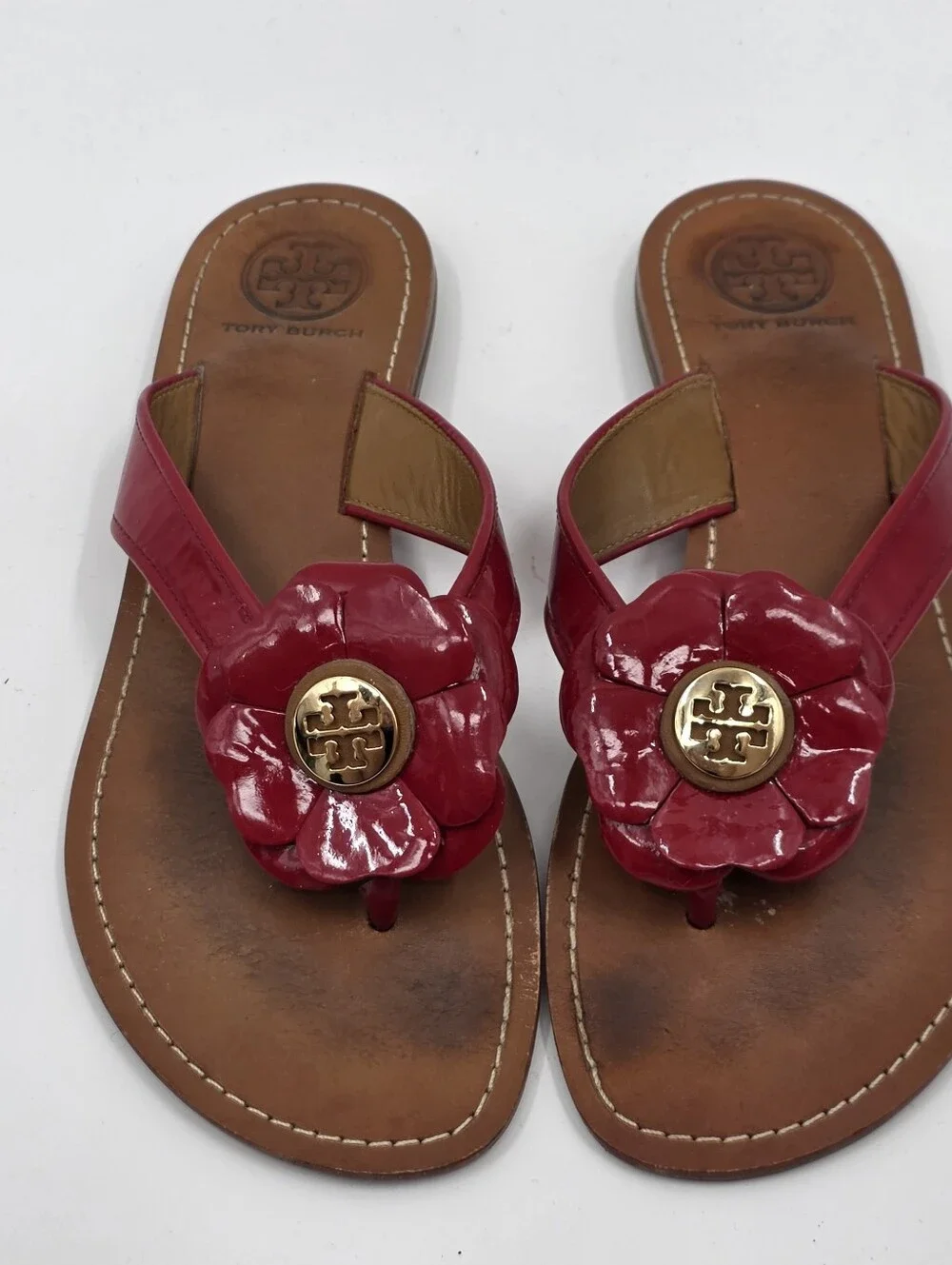 Tory Burch Red Patent Leather Flower Thong Sandals